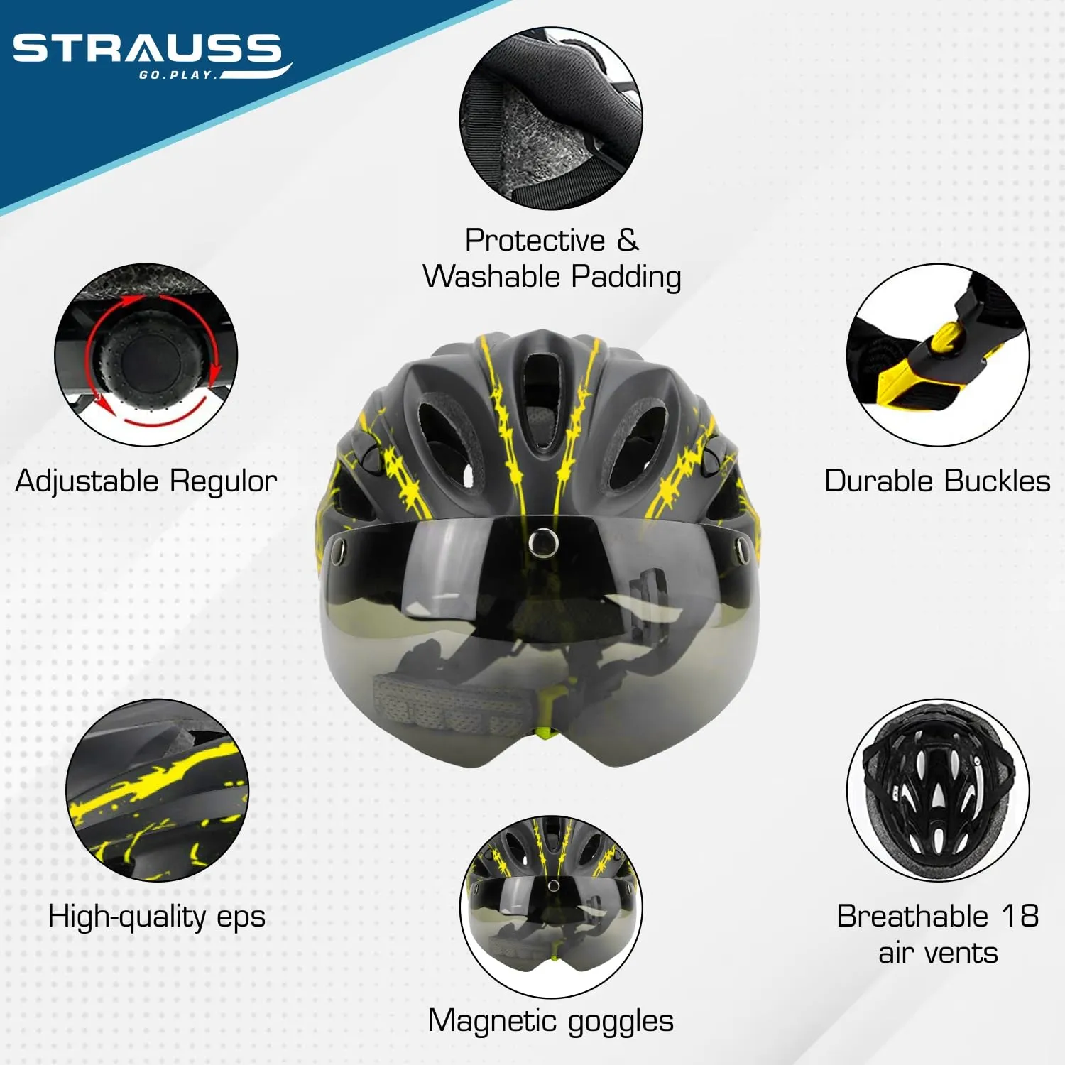 Strauss Cycling Helmet: Lightweight with Magnetic Goggles | Adjustable Strap | Green/Black