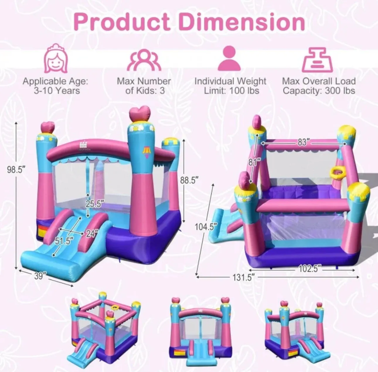 Super Cute & Adorable Princess Theme 3-in-1 Inflatable Bouncy House With 480W Blower