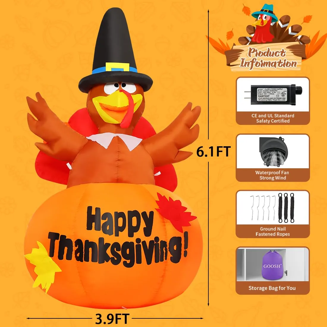 Thanksgiving Inflatables Outdoor Decoration GOOSH 6 Ft Turkey Blow Up Yard Ghost with Built-in LEDs for Indoor Garden Lawn Party Decor