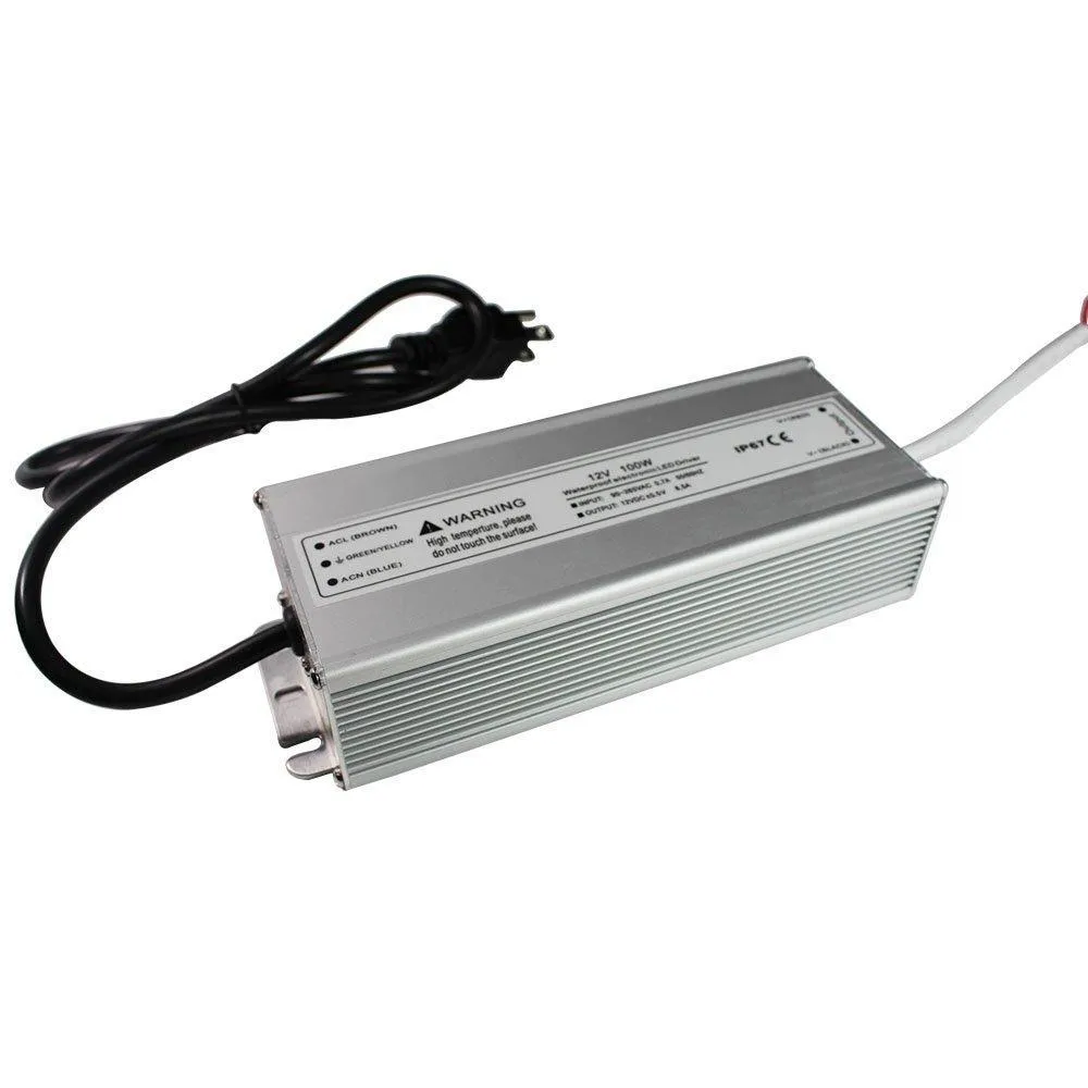 Waterproof IP67 LED Power Supply Outdoor Use 110VAC to 12VDC 30W 60W 100W w/ US 3.3FT 3-Prong Plug