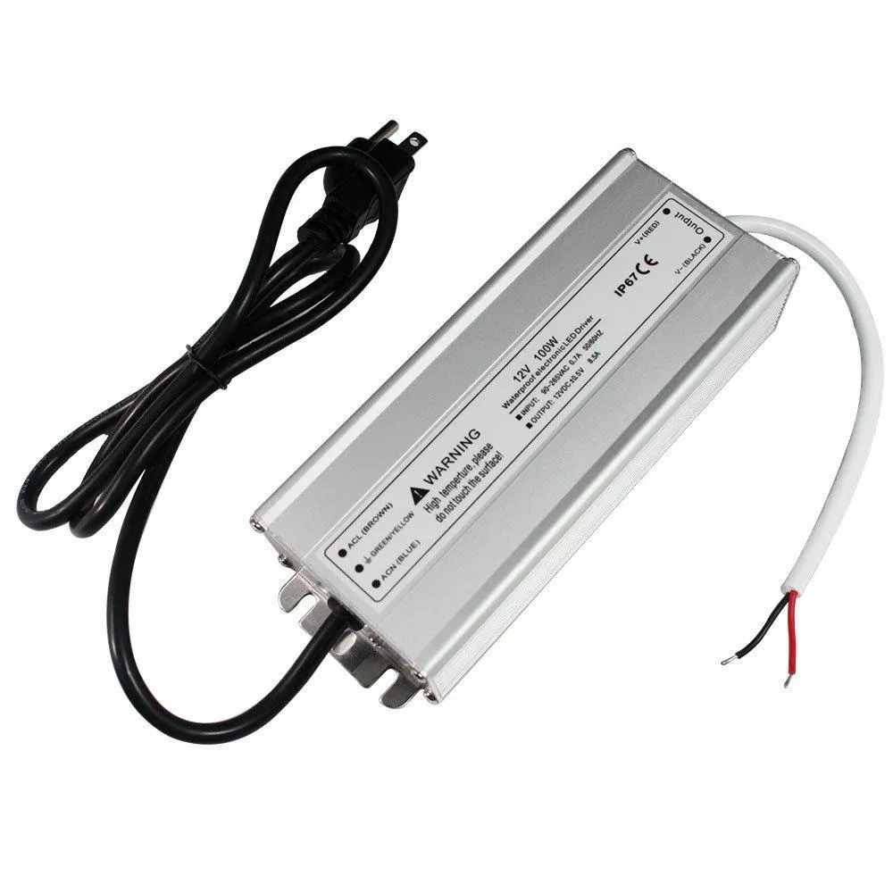 Waterproof IP67 LED Power Supply Outdoor Use 110VAC to 12VDC 30W 60W 100W w/ US 3.3FT 3-Prong Plug