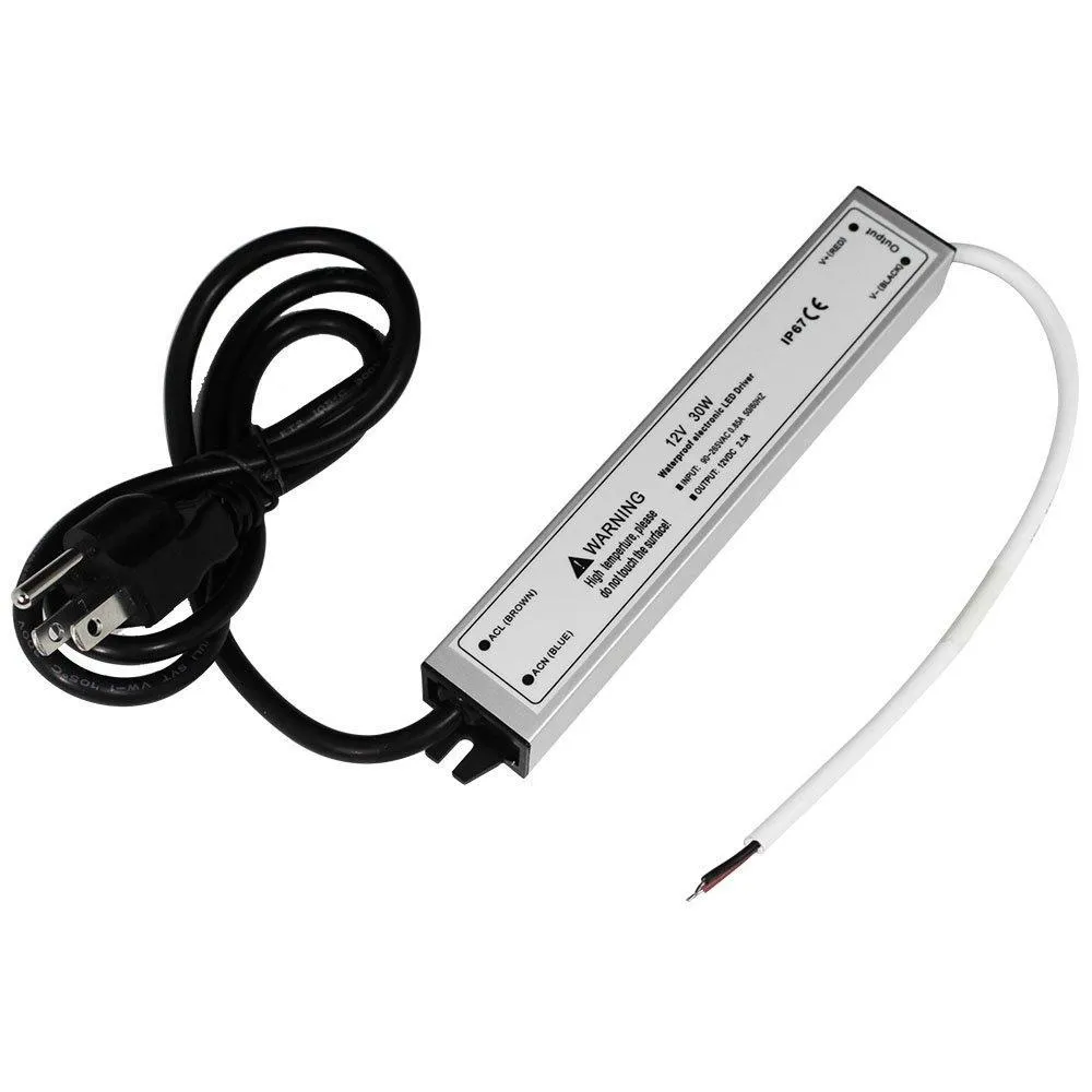 Waterproof IP67 LED Power Supply Outdoor Use 110VAC to 12VDC 30W 60W 100W w/ US 3.3FT 3-Prong Plug