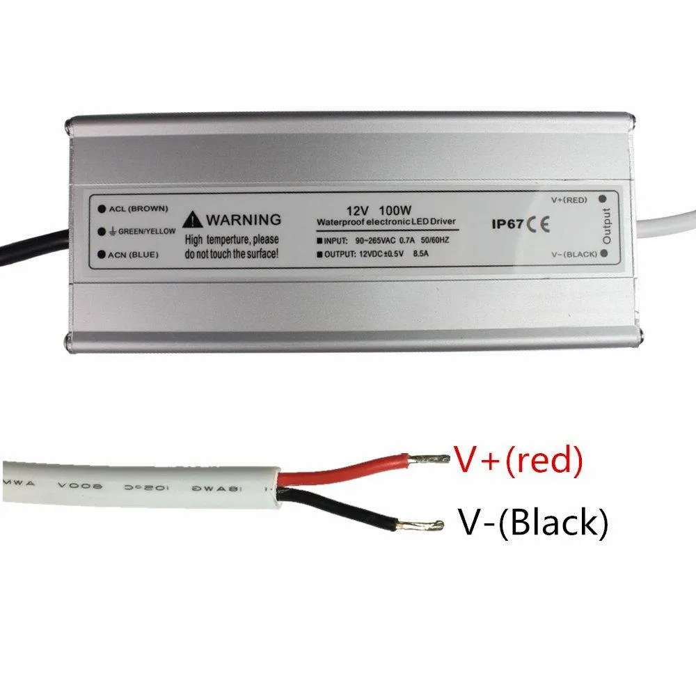 Waterproof IP67 LED Power Supply Outdoor Use 110VAC to 12VDC 30W 60W 100W w/ US 3.3FT 3-Prong Plug