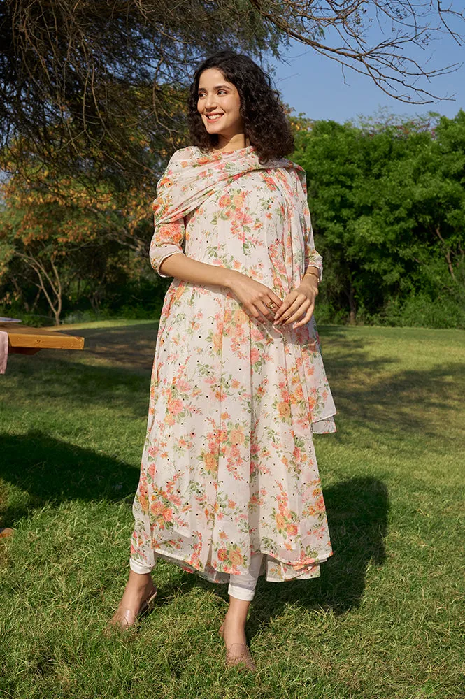 White Printed Anarkali with Leggings & Dupatta Set