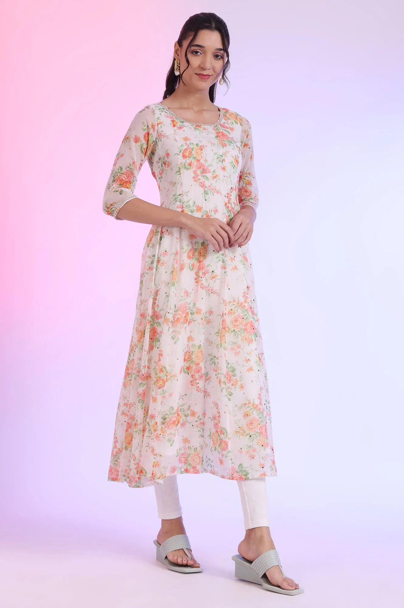 White Printed Anarkali with Leggings & Dupatta Set