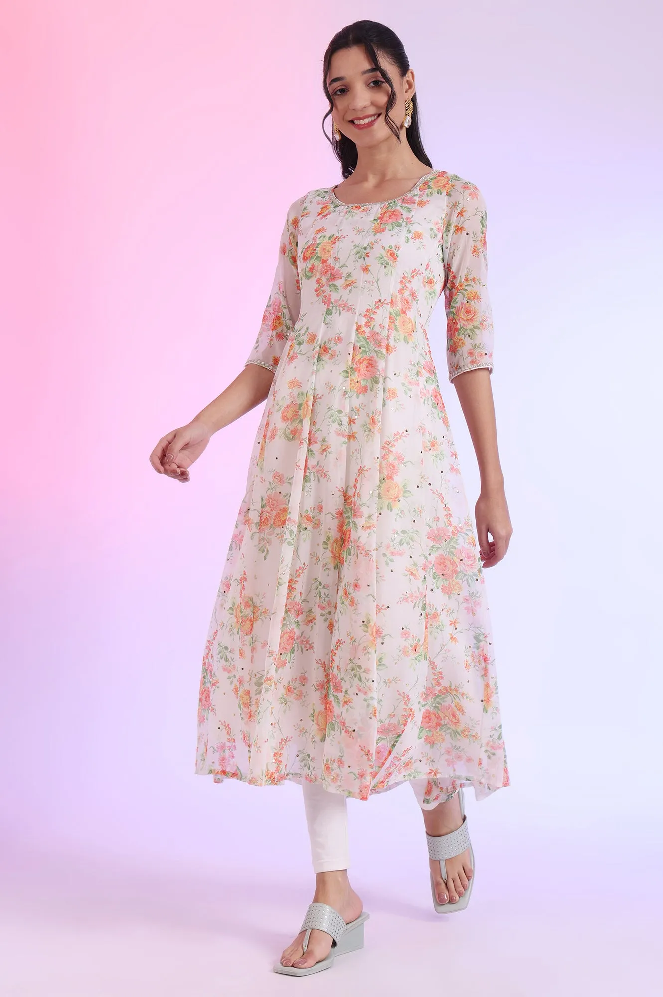 White Printed Anarkali with Leggings & Dupatta Set