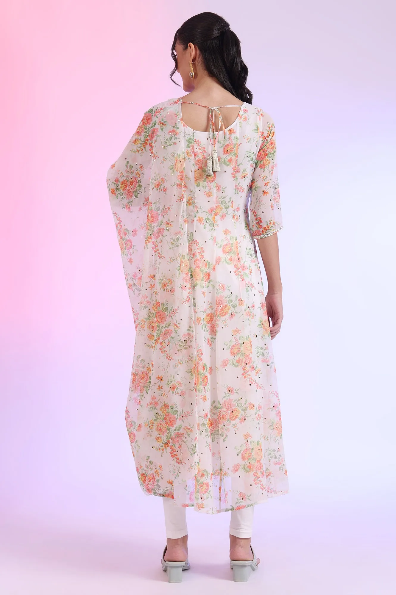 White Printed Anarkali with Leggings & Dupatta Set