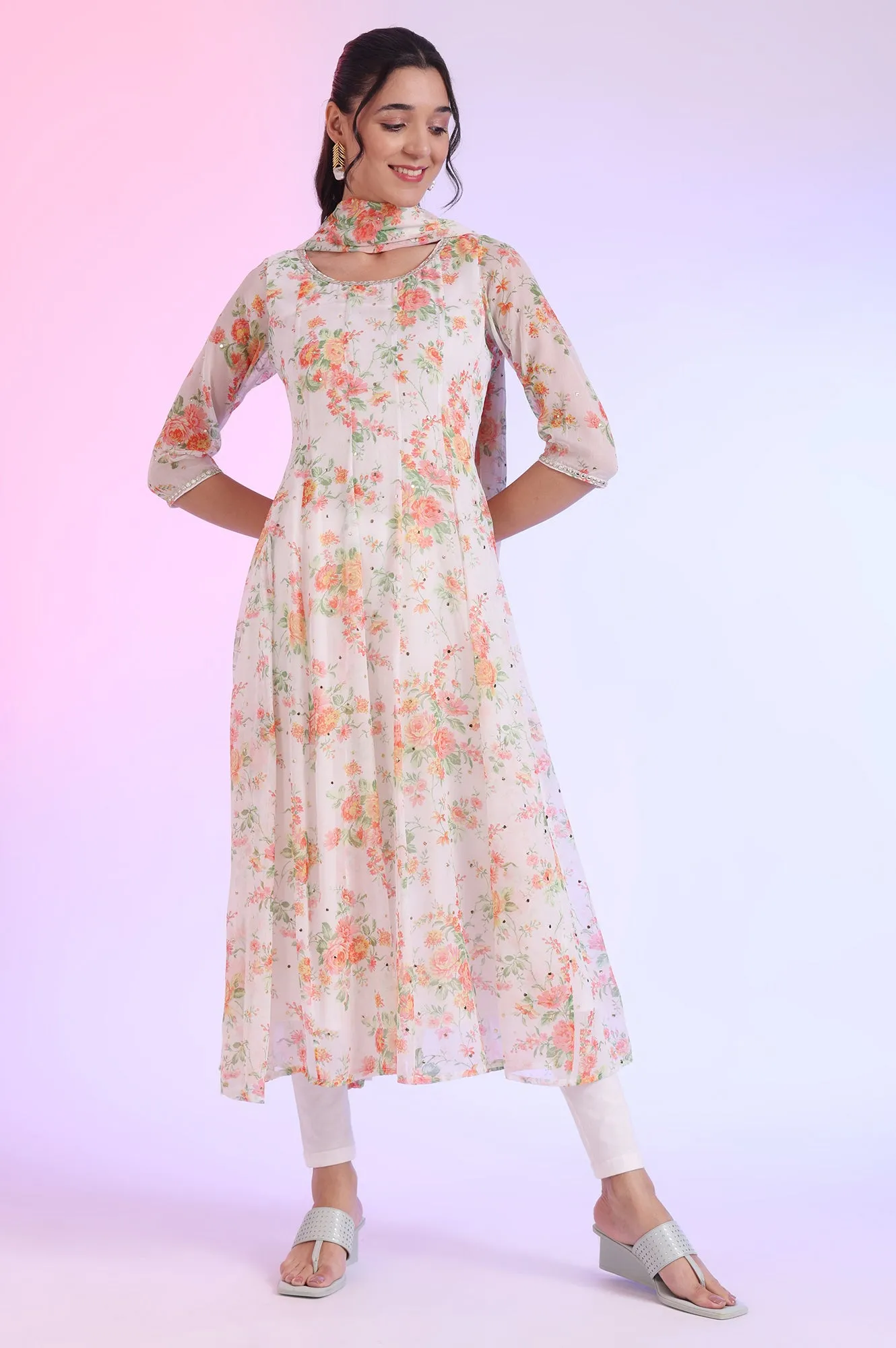 White Printed Anarkali with Leggings & Dupatta Set