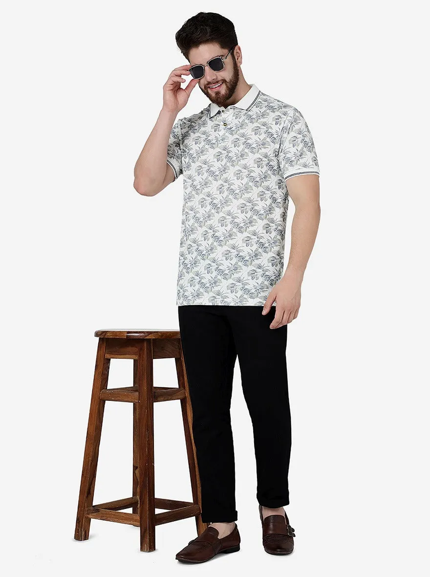 White Printed Slim Fit Polo T-Shirt | Greenfibre