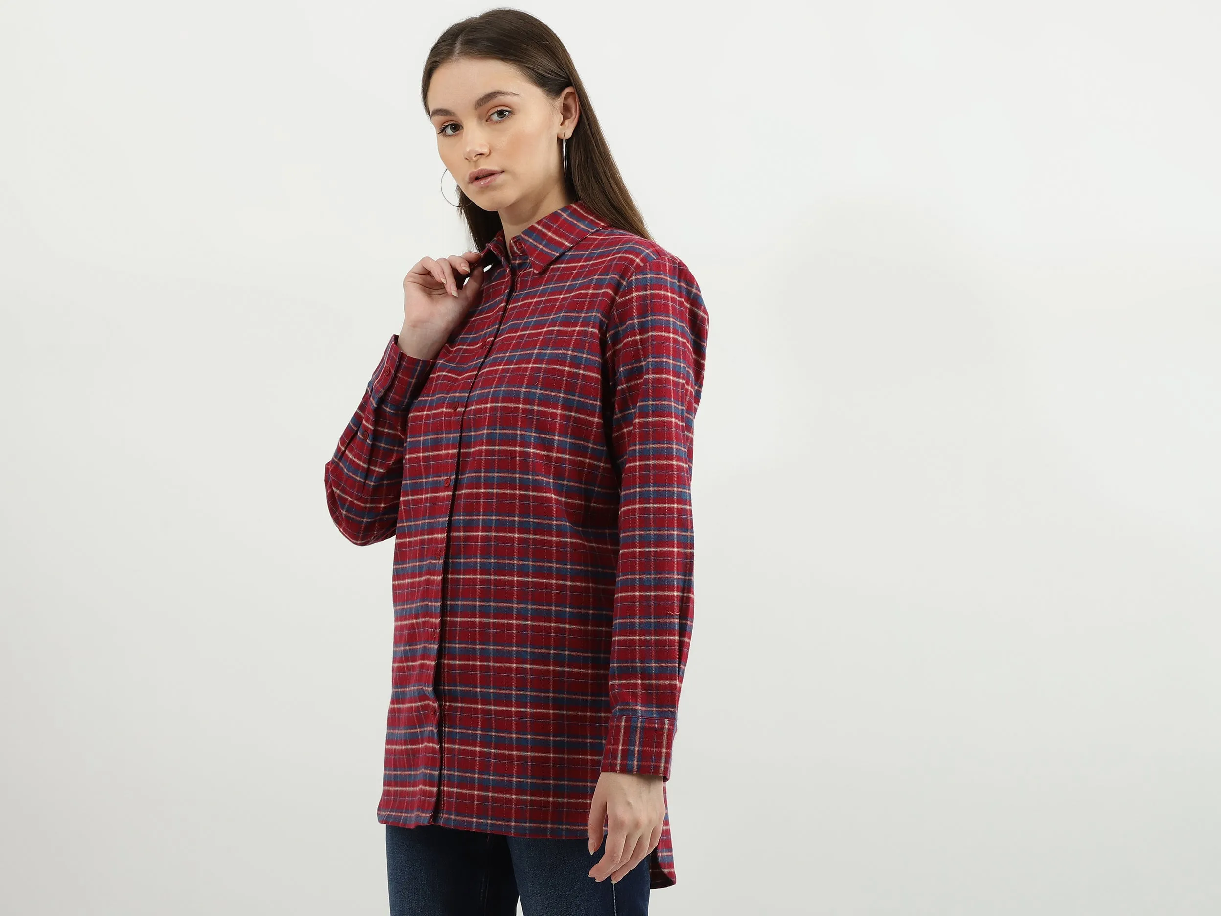 Women Check Spread Collar Shirt