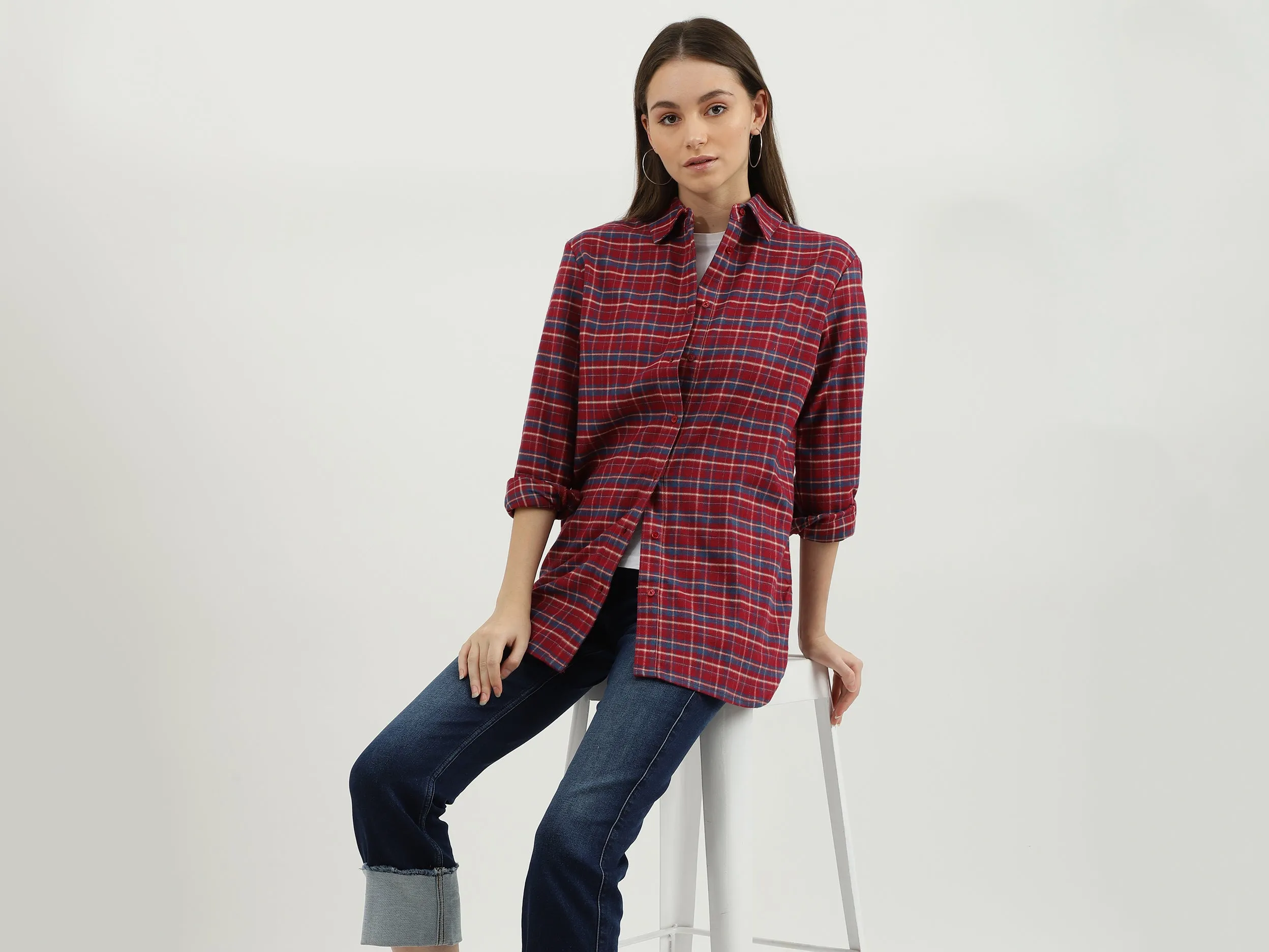 Women Check Spread Collar Shirt