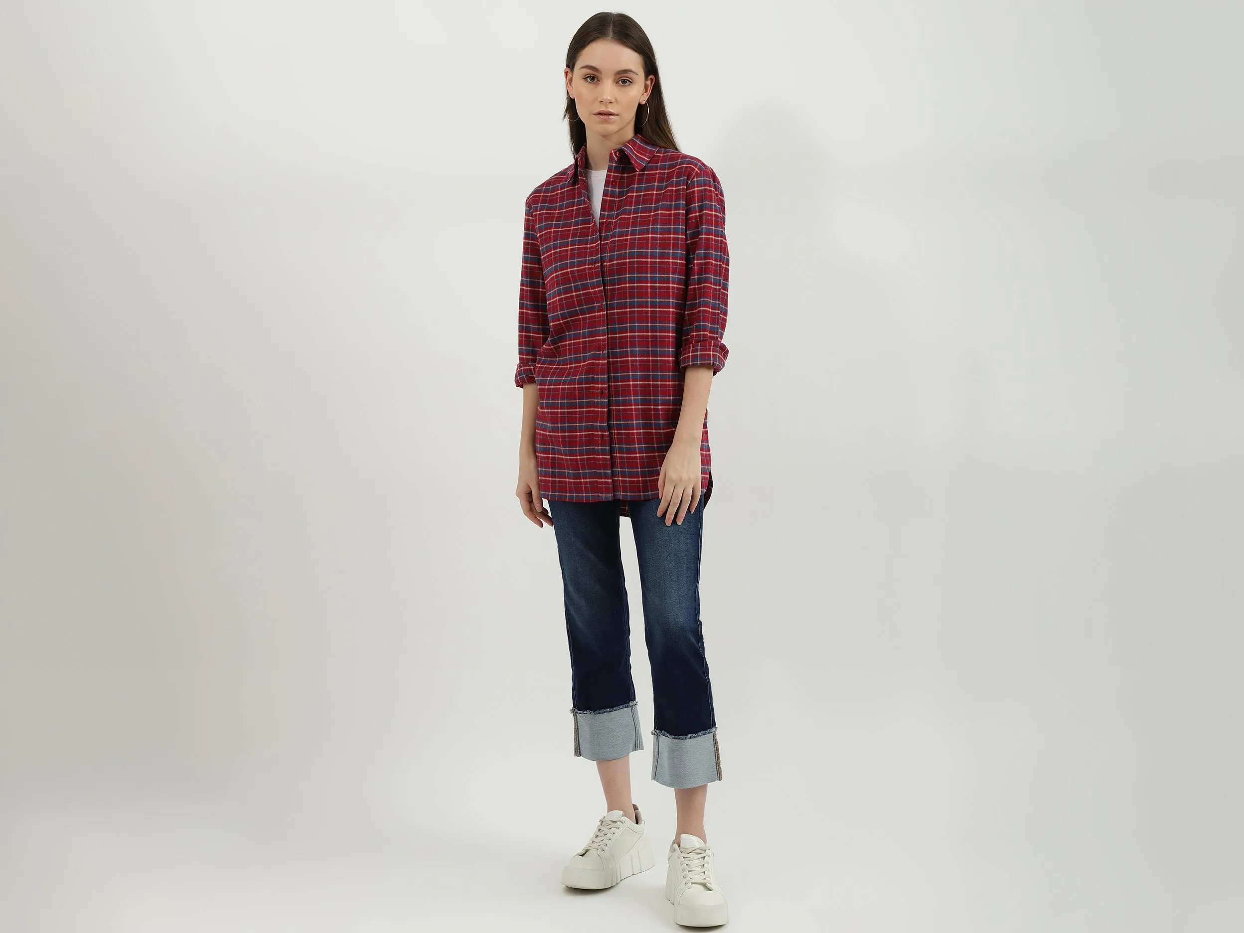 Women Check Spread Collar Shirt