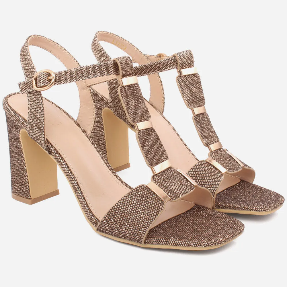 Women "ROSE" Block T-Strap Buckle Closure Slip On Block Heel Sandals
