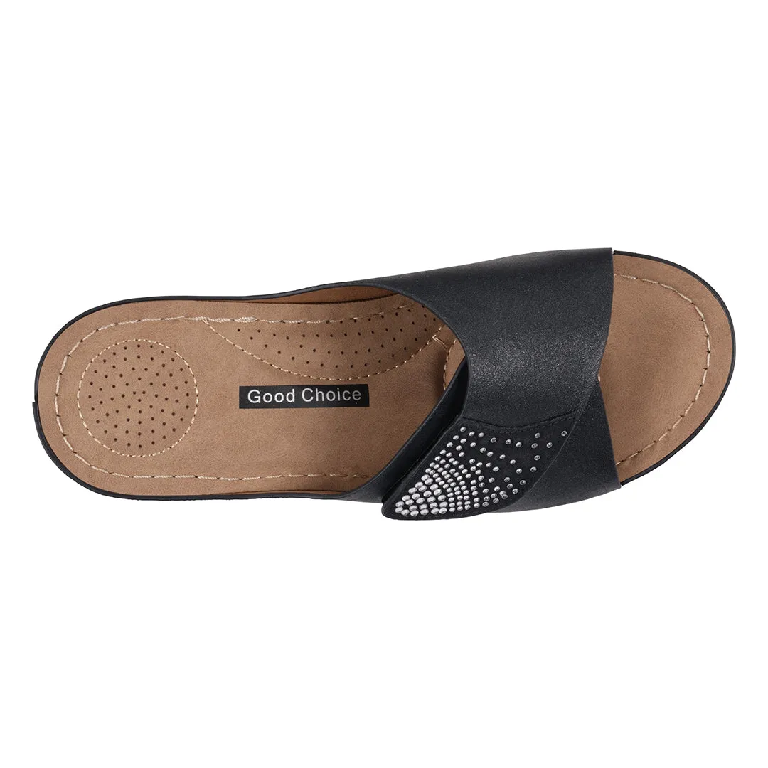 Women's Annora Black Embellished Velcro Wedge Sandals
