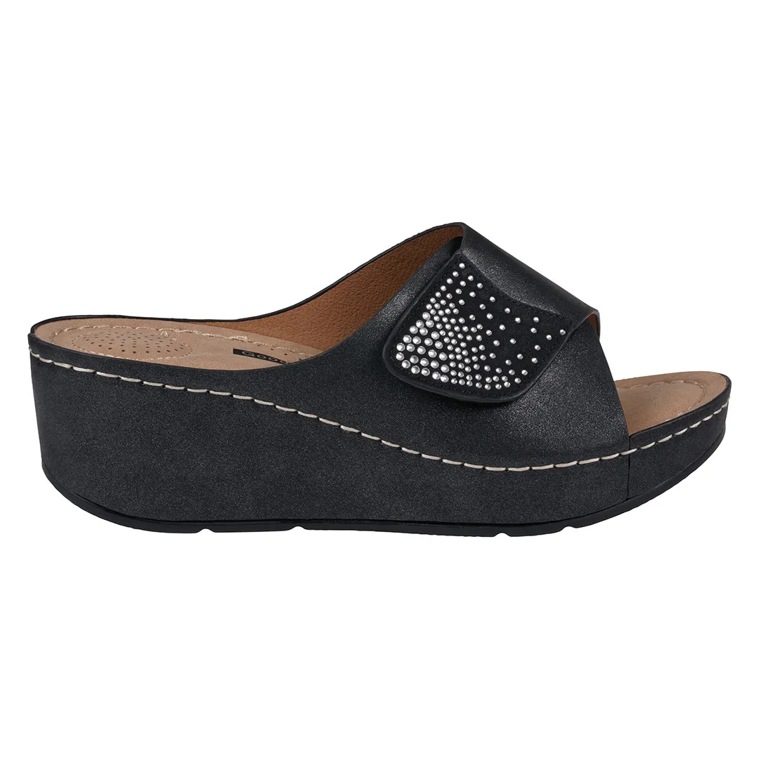 Women's Annora Black Embellished Velcro Wedge Sandals