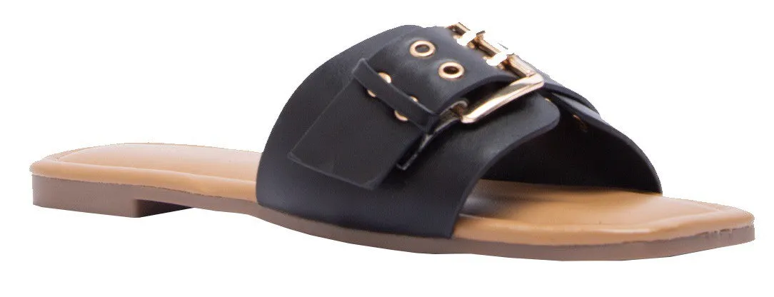 Women's Belt Eyelet Buckled Strap Slide On Sandals - Black